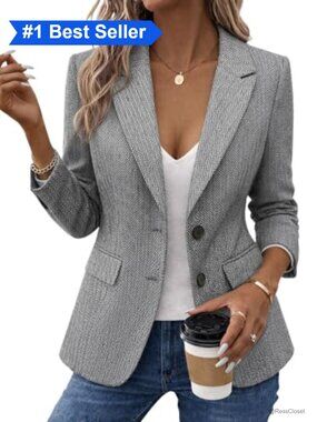 Herringbone Tweed Blazer Tailored Work Office Coat